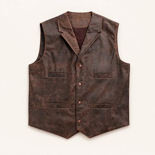 Vintage Brown Cowhide Leather Men's Vest with Snap Closure