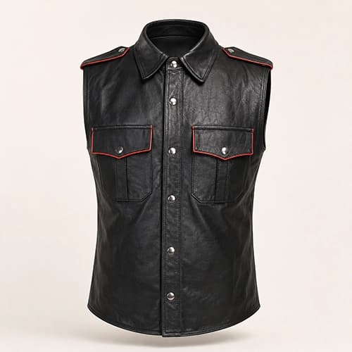 Black Cowhide Leather Utility Vest with Flap Pockets — Military Style Regular Fit
