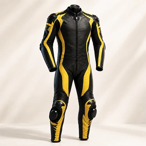 Black Yellow Leather-Look Motorcycle Racing Suit — One-Piece Variant