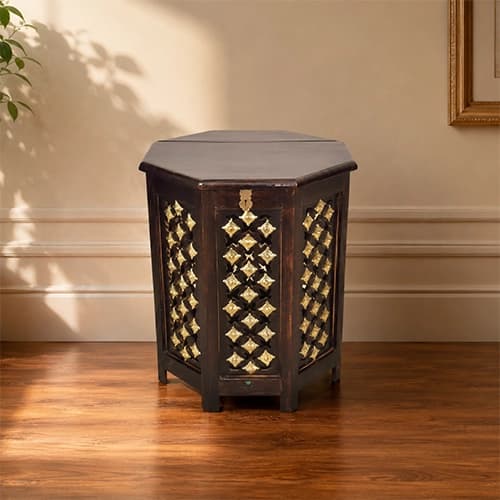 Traditional Dark Wood Accent Side Table with Brass Inlay Panels