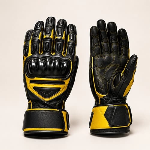 Black Yellow Leather Motorcycle Gloves with Knuckle Guards — Pair