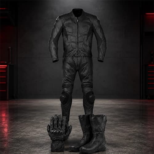 Black Leather Motorcycle Riding Suit with Boots — Full Set