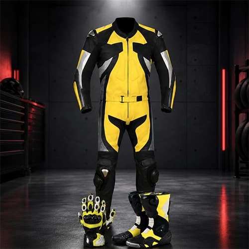 Yellow Black Leather-Look Motorcycle Racing Suit with Accessories — Full Set