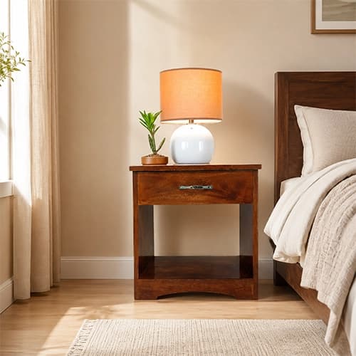 Solid Wood Bedside Table with Drawer & Open Lower Shelf