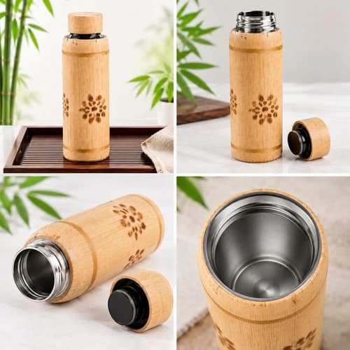 Bamboo Insulated Water Bottle with Stainless Steel Interior and Screw Cap