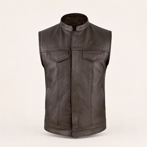 Brown Cowhide Leather Motorcycle Vest with Stand Collar — Classic Rider Fit