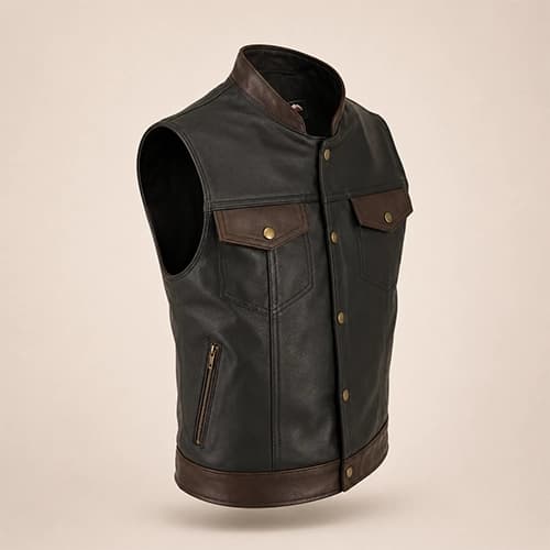 Men's Genuine Cowhide Leather Motorcycle Vest with Stand Collar