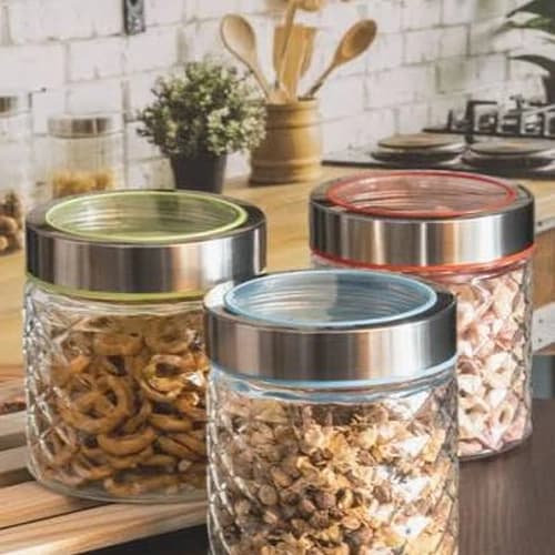 Diamond-Patterned Glass Storage Jar with Airtight Stainless Steel Lid