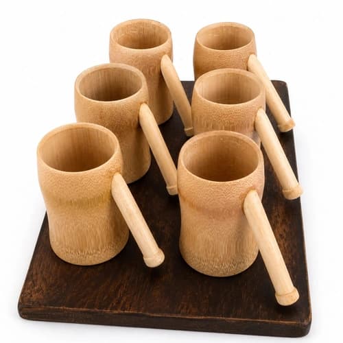 Bamboo Mug Set with Natural Handles and Wooden Serving Tray