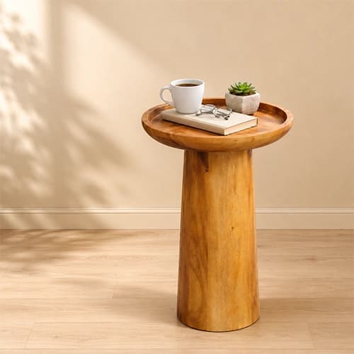 Solid Wood Round Pedestal Side Table with Raised-Rim Tray Top