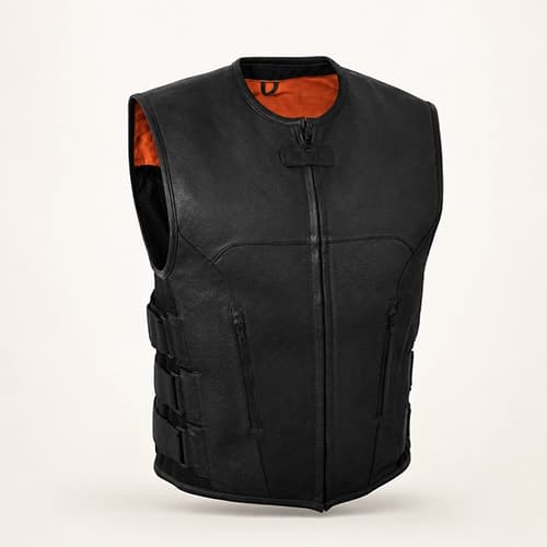 Men's Genuine Cowhide Leather Motorcycle Vest with Side Straps