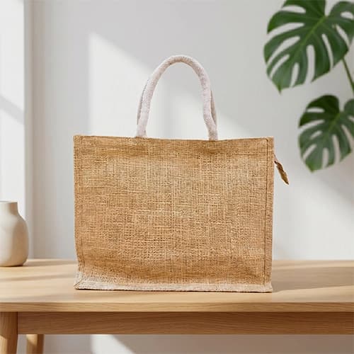 Natural Jute Tote Bag with Cotton Front Pocket & Rope Handles