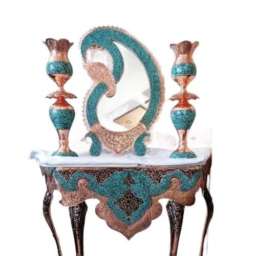 Handcrafted Copper Turquoise Inlaid Mirror Stand and Candlestick Set