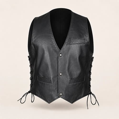 Classic Cowhide Leather Biker Vest with Side Lace Panels