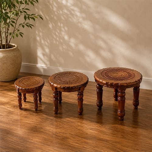 Handcrafted Wooden Round Nesting Stool Set with Carved Tops