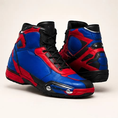 Red Blue Motorcycle Riding Boots with Molded Guards — High-Ankle Pair