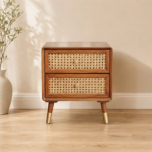 Solid Wood Bedside Table with Rattan Cane Drawer Fronts