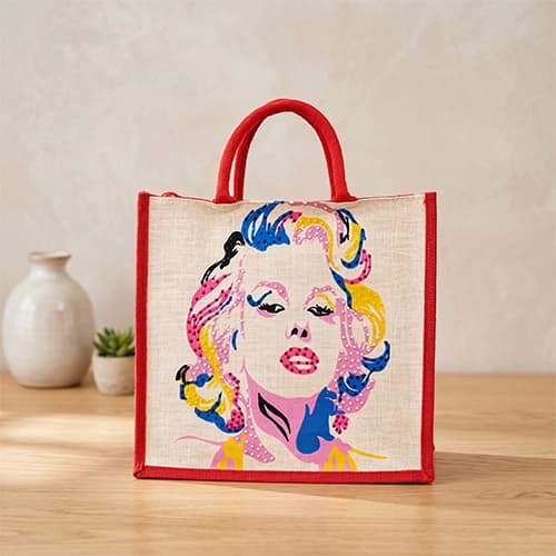 Printed Natural Jute Tote Bag with Pop-Art Portrait Design & Rope Handles