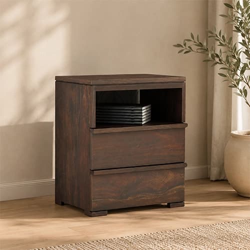 Solid Wood Bedside Nightstand with Two Drawers & Open Storage Shelf